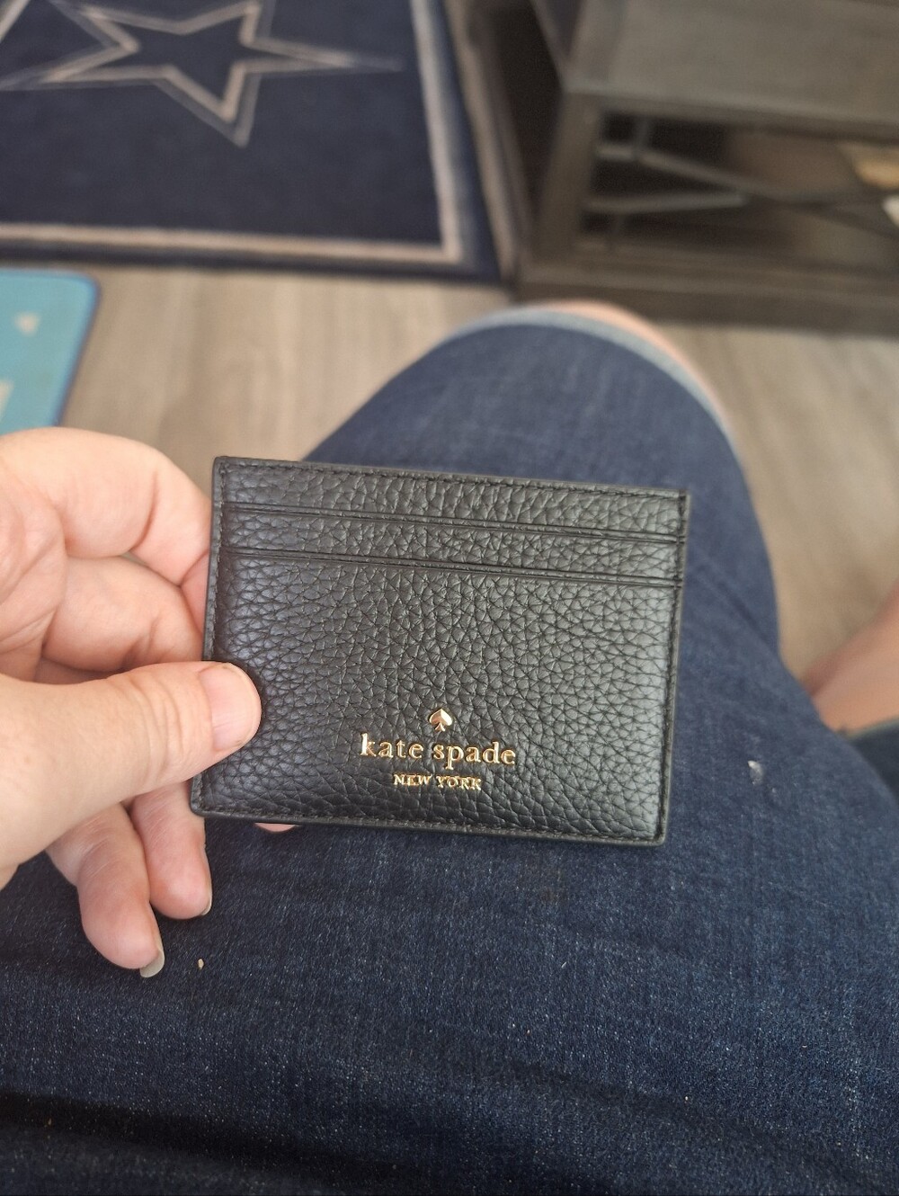 kate spade Black Pebbled Leather Card Wallet with Gold Logo